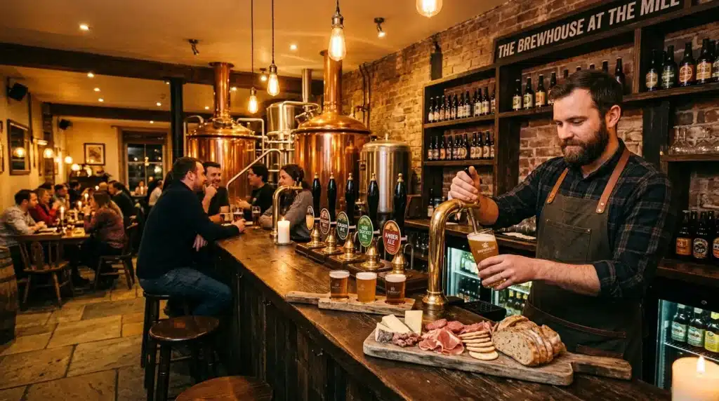 Barman servant une bière dans une brasserie moderne avec clients
