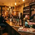 Barman servant une bière dans une brasserie moderne avec clients