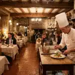 Chef en blanc prépare un plat dans une cuisine ouverte de restaurant