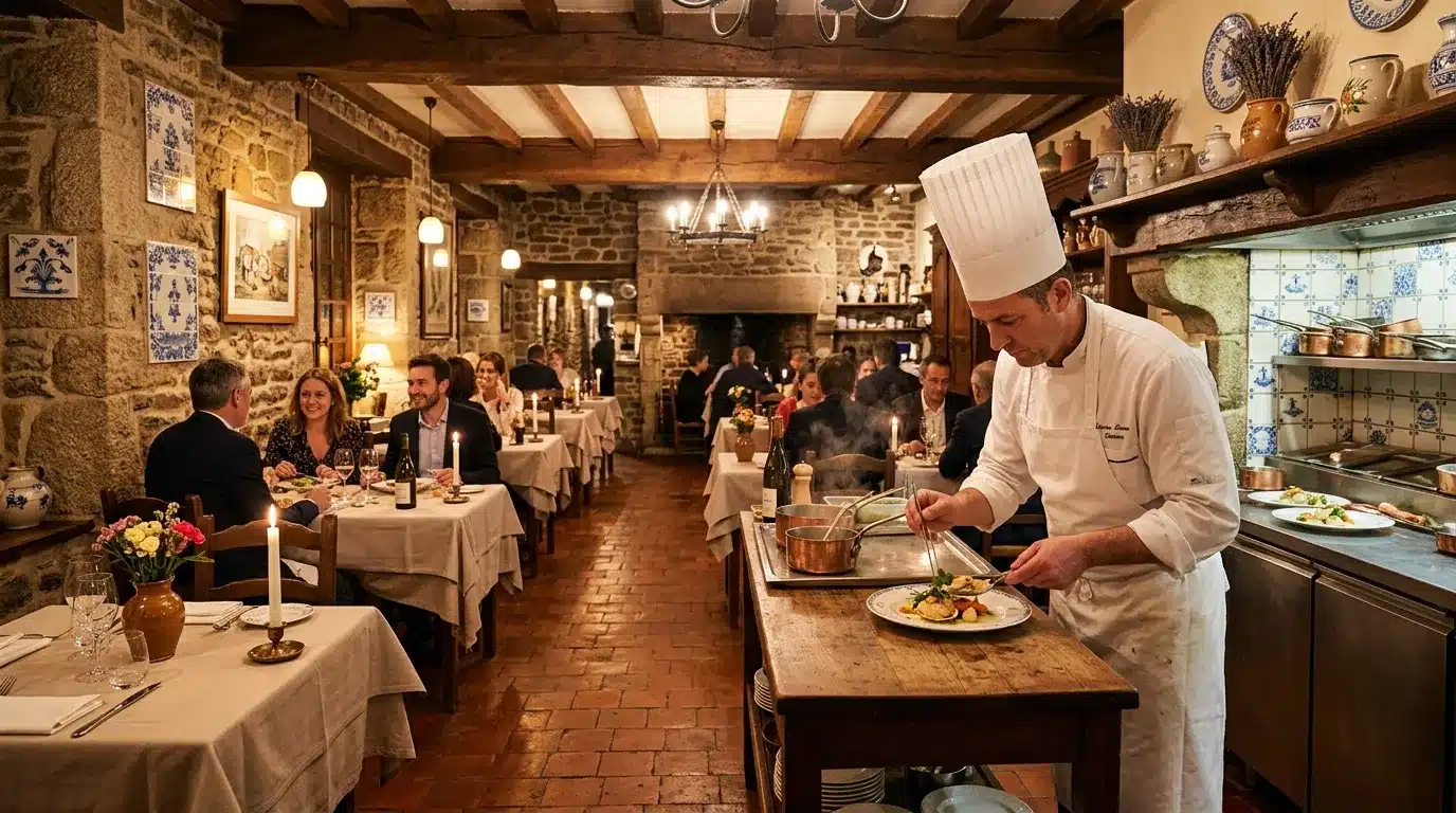 Chef en blanc prépare un plat dans une cuisine ouverte de restaurant