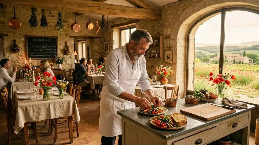 Chef prépare un plat dans une cuisine rustique avec vue sur les champs