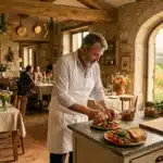 Chef prépare un plat dans une cuisine rustique avec vue sur les champs