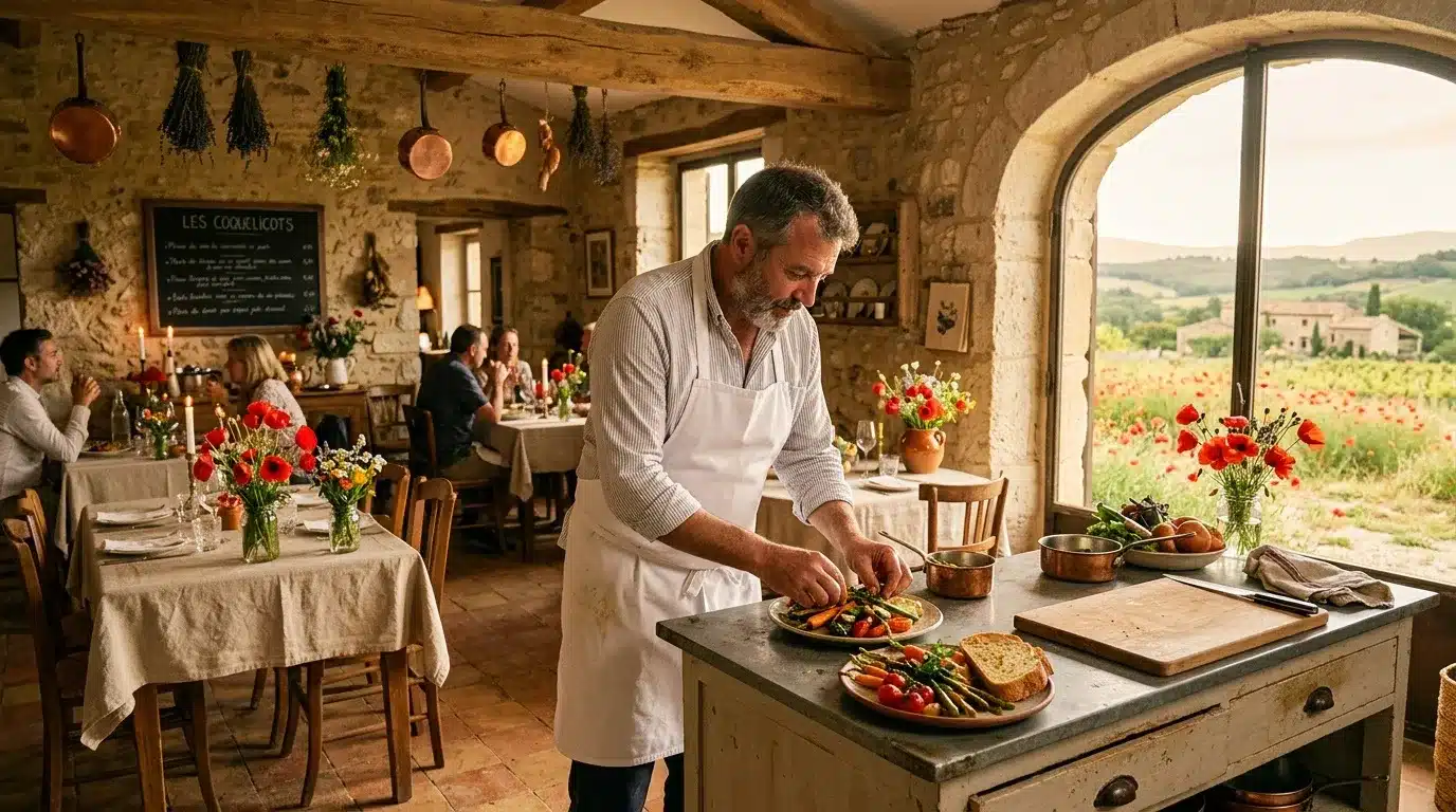 Chef prépare un plat dans une cuisine rustique avec vue sur les champs