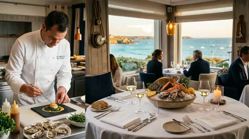 Chef en blanc cuisine fruits de mer face à la mer