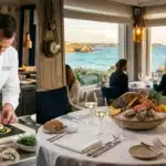 Chef en blanc cuisine fruits de mer face à la mer