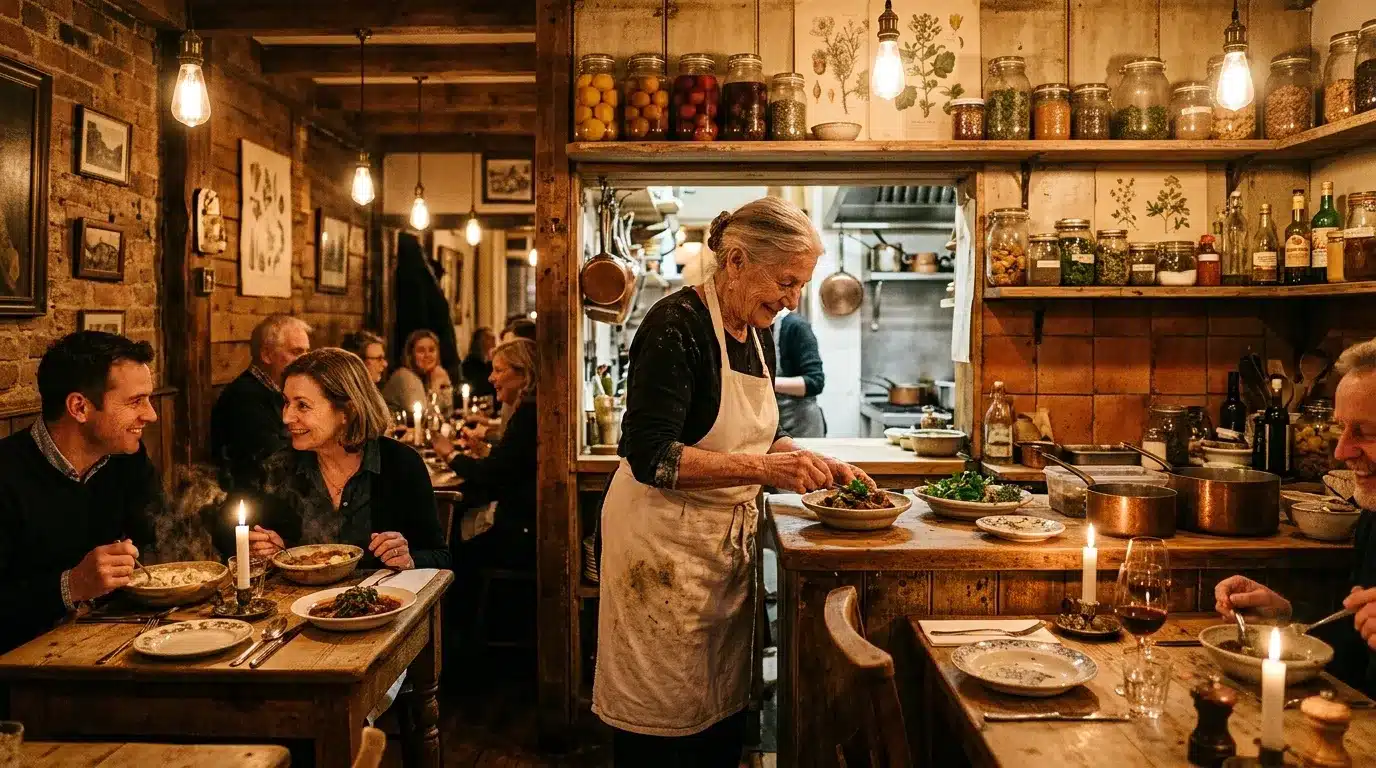 Chef prépare un plat devant des convives dans une cuisine rustique