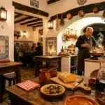 Chef cuisinant dans une cuisine portugaise traditionnelle décorée d'azulejos.