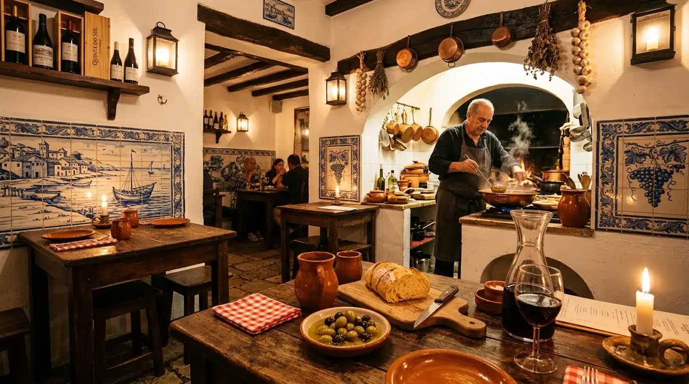Chef cuisinant dans une cuisine portugaise traditionnelle décorée d'azulejos.