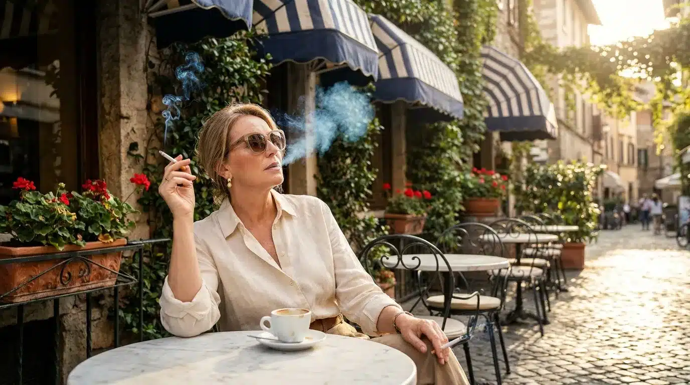 Femme fumant au café en terrasse italienne ensoleillée