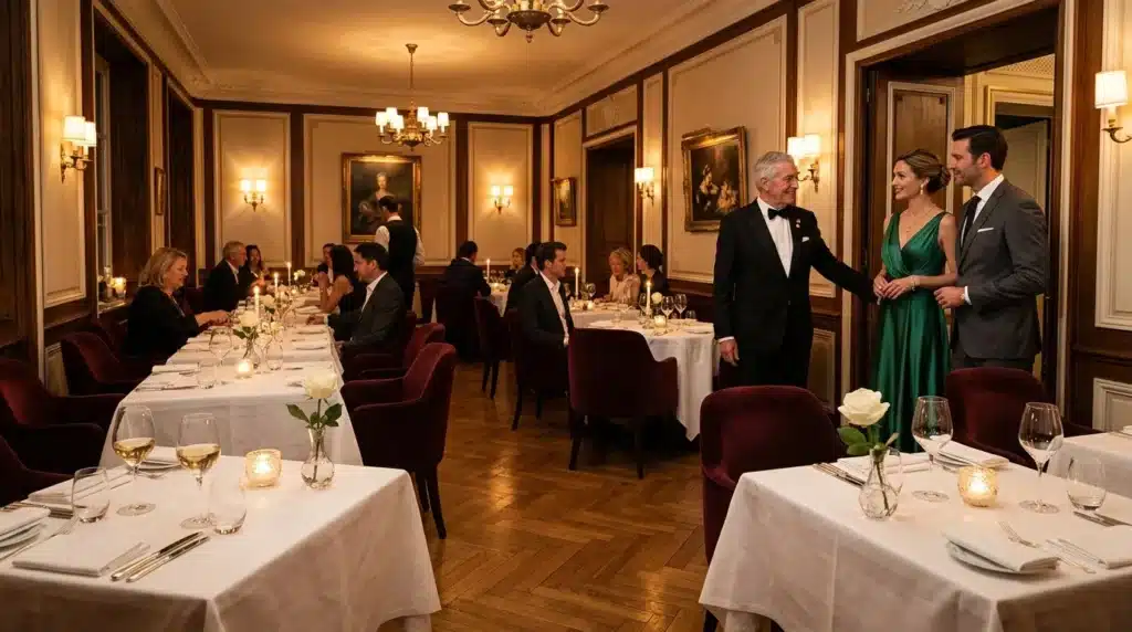 Dîner formel dans salle luxueuse avec convives en tenue de soirée