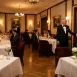 Dîner formel dans salle luxueuse avec convives en tenue de soirée