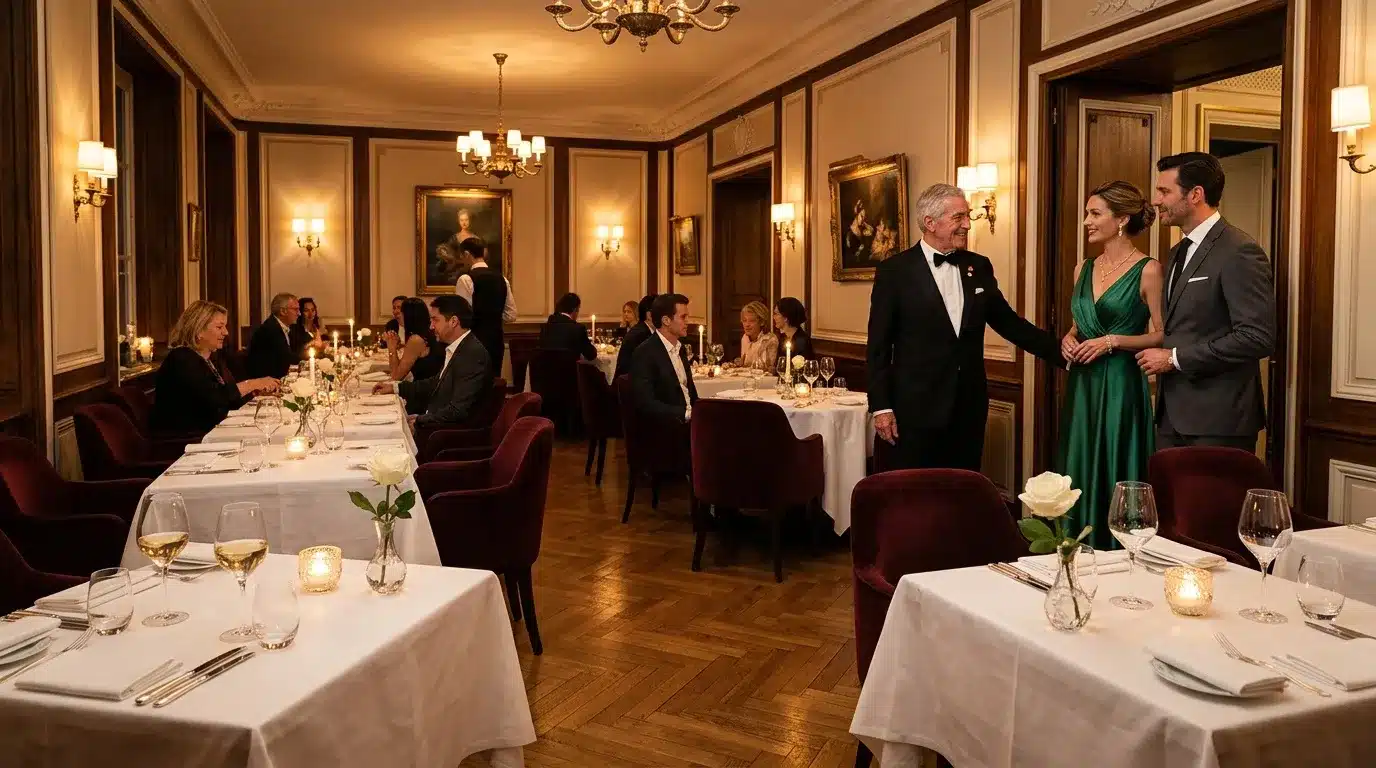 Dîner formel dans salle luxueuse avec convives en tenue de soirée