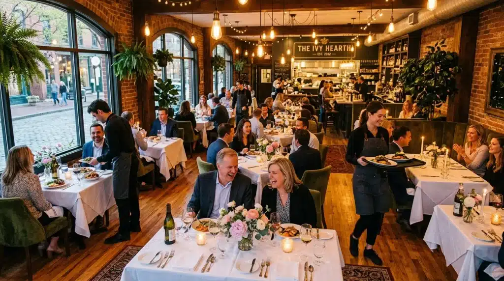 Salle de restaurant avec convives dînant à des tables élégantes