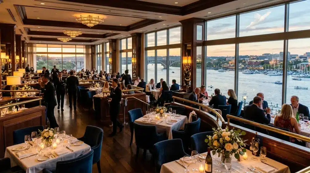 Restaurant raffiné surplombant port et bateaux voiliers