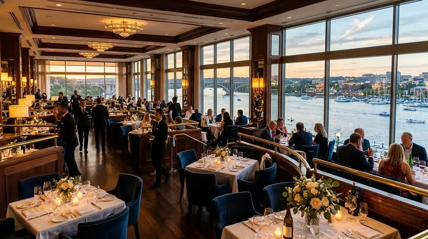 Restaurant raffiné surplombant port et bateaux voiliers