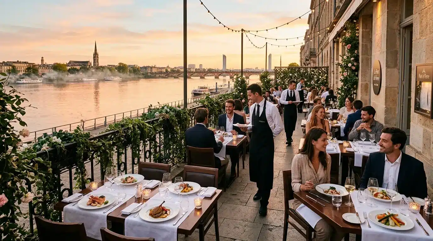 Restaurant terrasse avec vue sur le fleuve au coucher du soleil