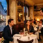 Serveur présentant du vin à couple dans restaurant luxe