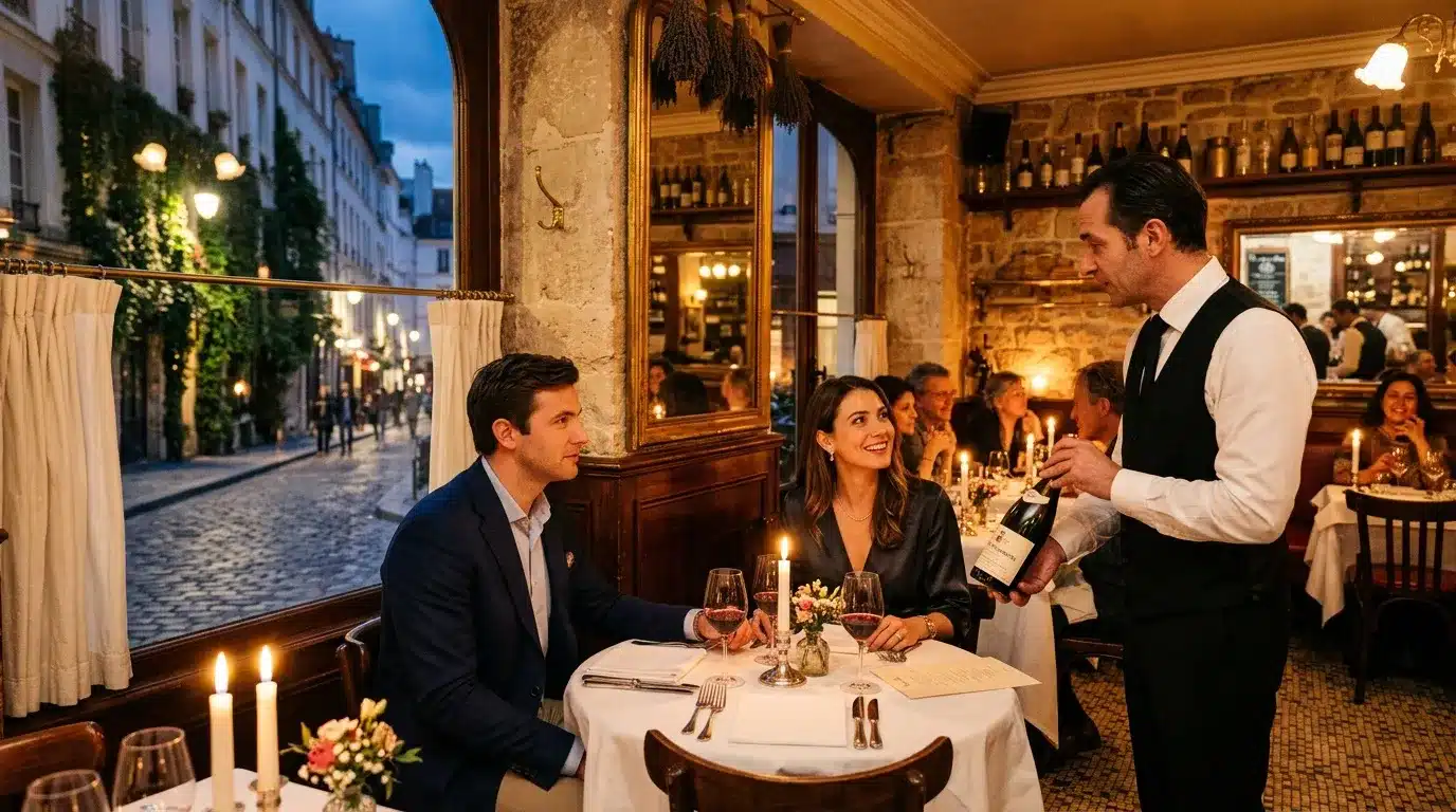 Serveur présentant du vin à couple dans restaurant luxe