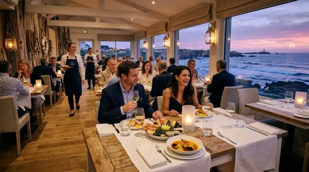 Restaurant côtier avec convives dînant au coucher de soleil