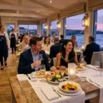 Restaurant côtier avec convives dînant au coucher de soleil