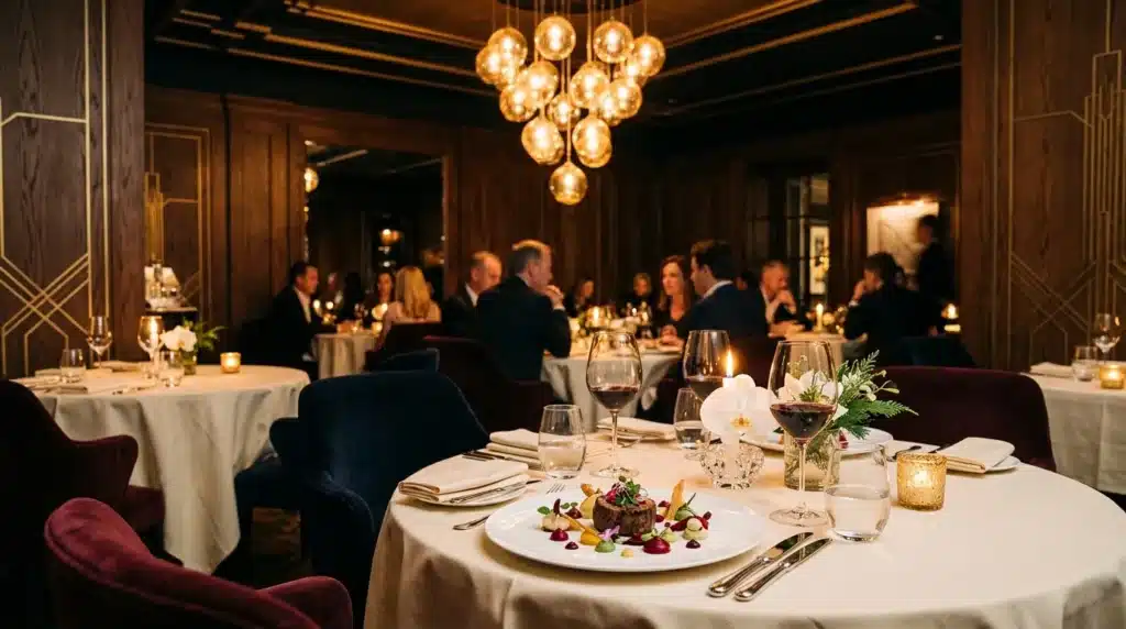 Restaurant haut de gamme avec table dressée, clients élégants, lustre doré
