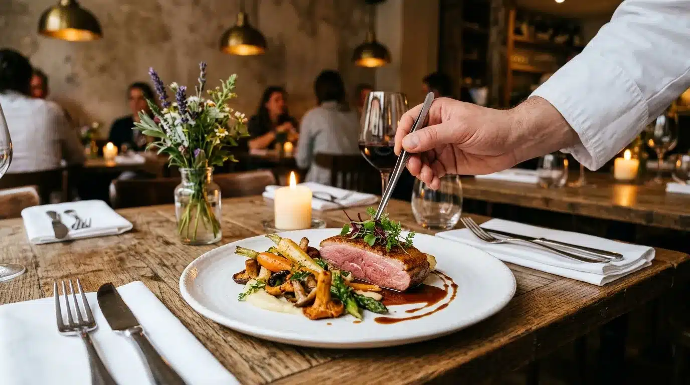 Main coupant un steak rosé dans restaurant sophistiqué