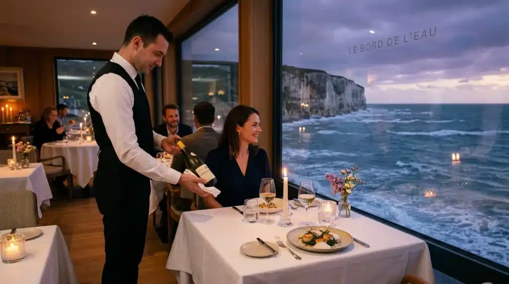 Serveur présentant du vin à une cliente dans restaurant côtier luxueux