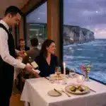 Serveur présentant du vin à une cliente dans restaurant côtier luxueux