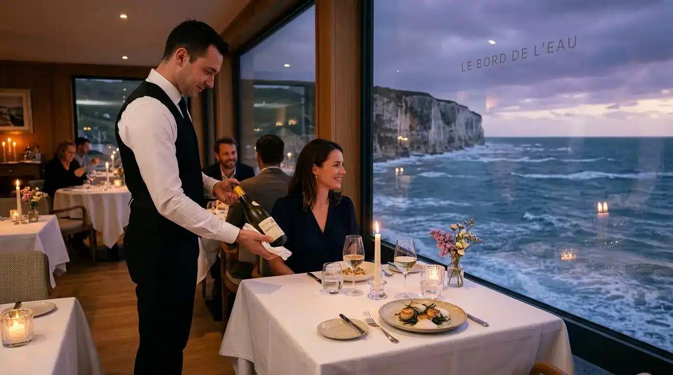 Serveur présentant du vin à une cliente dans restaurant côtier luxueux