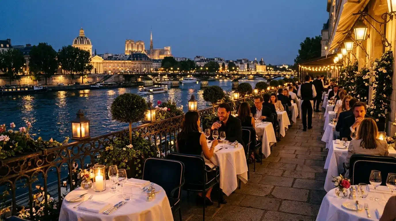 Terrasse de restaurant illuminée avec vue sur la Seine et Notre-Dame