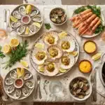 Table élégante avec huîtres, crevettes, moules et vin rosé
