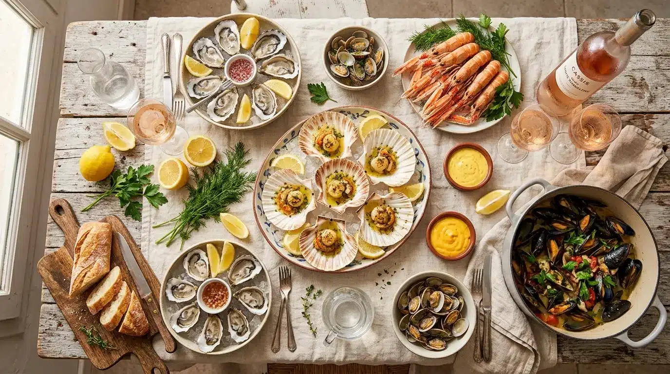 Table élégante avec huîtres, crevettes, moules et vin rosé