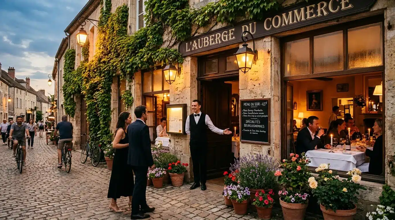 Restaurant français traditionnel avec clients élégants et façade fleurie.