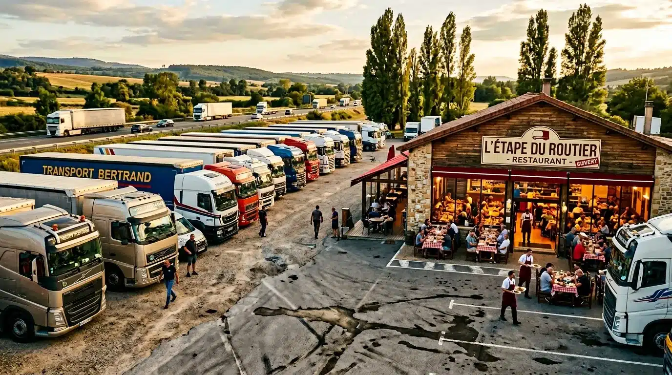 Restaurant routier avec camions stationnés et route endommagée.