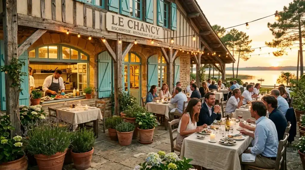 Restaurant Le Chancay avec terrasse au coucher de soleil, clients dînant.