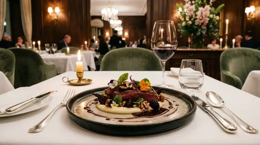 Plat gastronomique dressé élégamment en restaurant haut de gamme