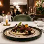 Plat gastronomique dressé élégamment en restaurant haut de gamme