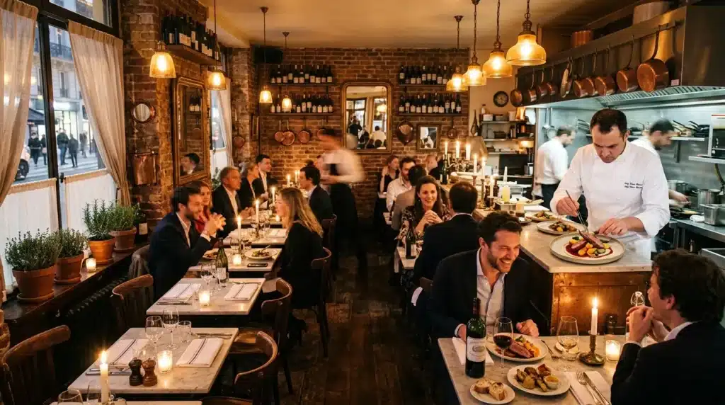 Restaurant chic avec clients dînant, chef en cuisine, ambiance chaleureuse