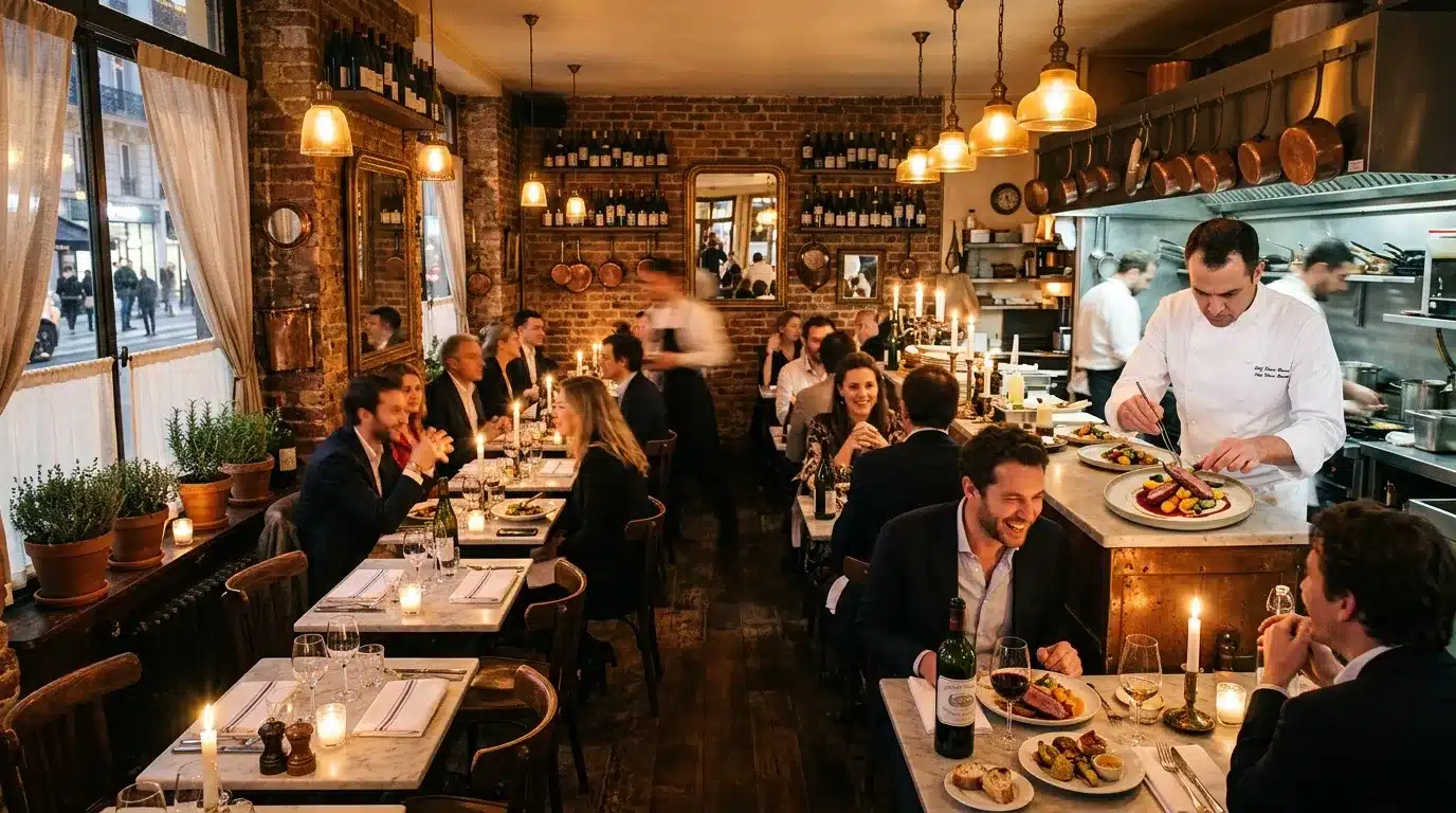 Restaurant chic avec clients dînant, chef en cuisine, ambiance chaleureuse