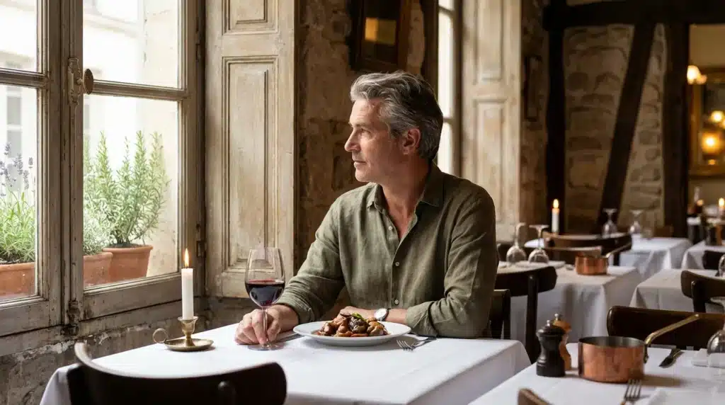 Homme dégustant vin et repas dans restaurant élégant.