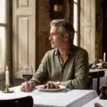 Homme dégustant vin et repas dans restaurant élégant.