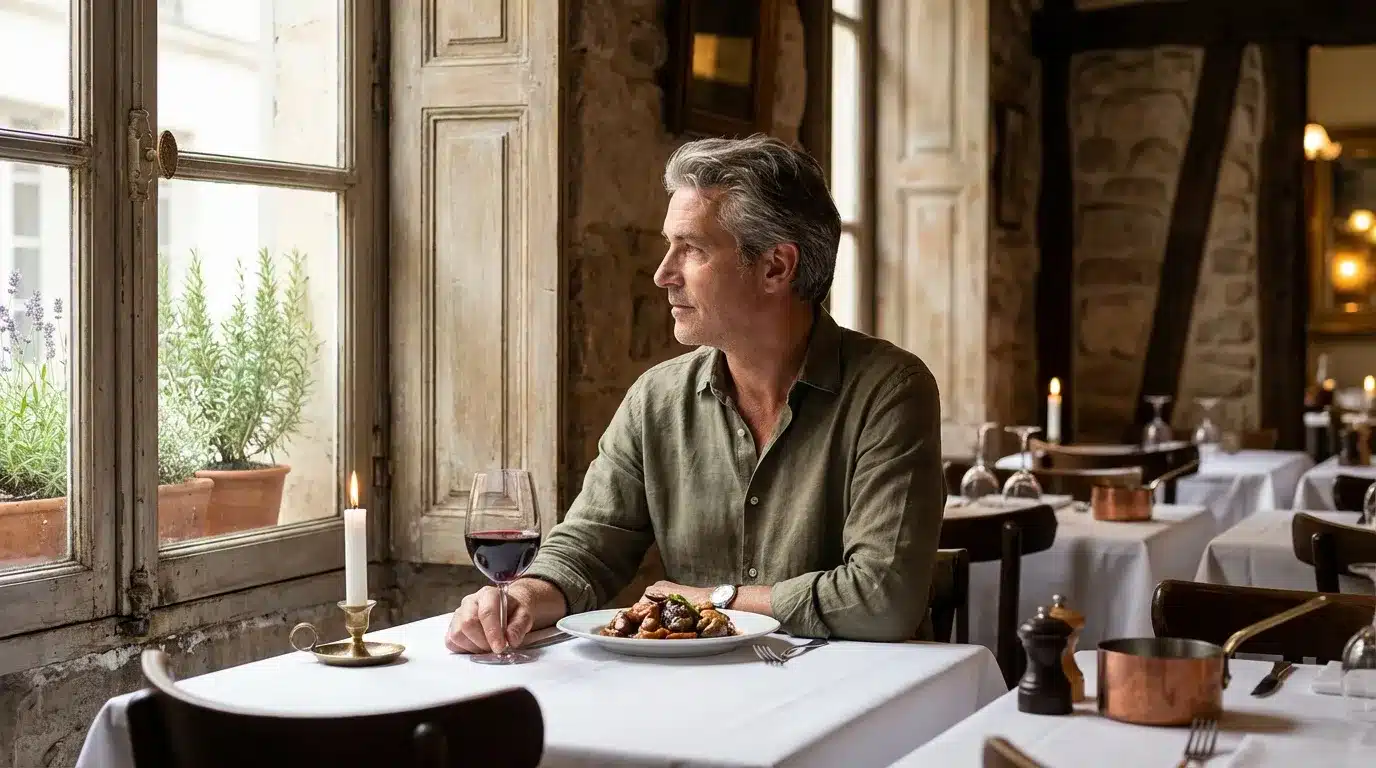 Homme dégustant vin et repas dans restaurant élégant.