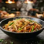 Bol de nouilles asiatiques sautées avec poulet et légumes fumants