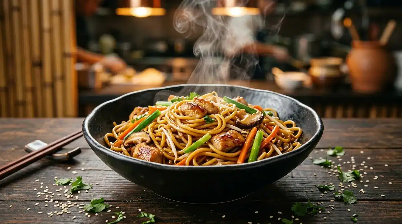 Bol de nouilles asiatiques sautées avec poulet et légumes fumants
