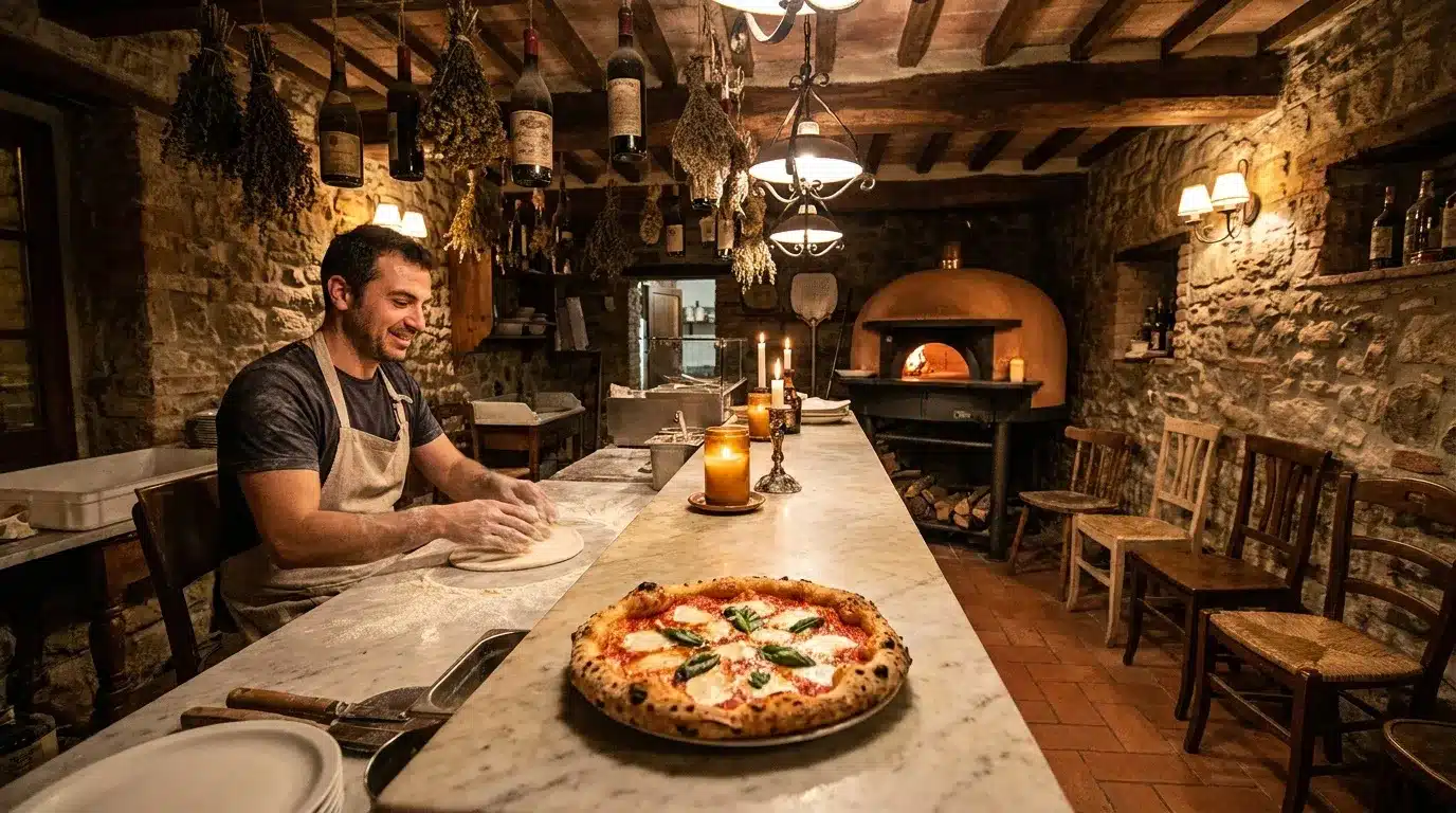 Chef prépare pizza artisanale dans restaurant rustique avec four à bois