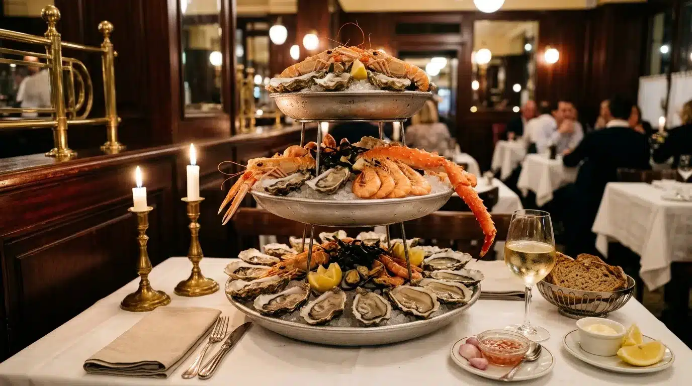 Fruits de mer luxueux présentés sur tiered plateau en restaurant.