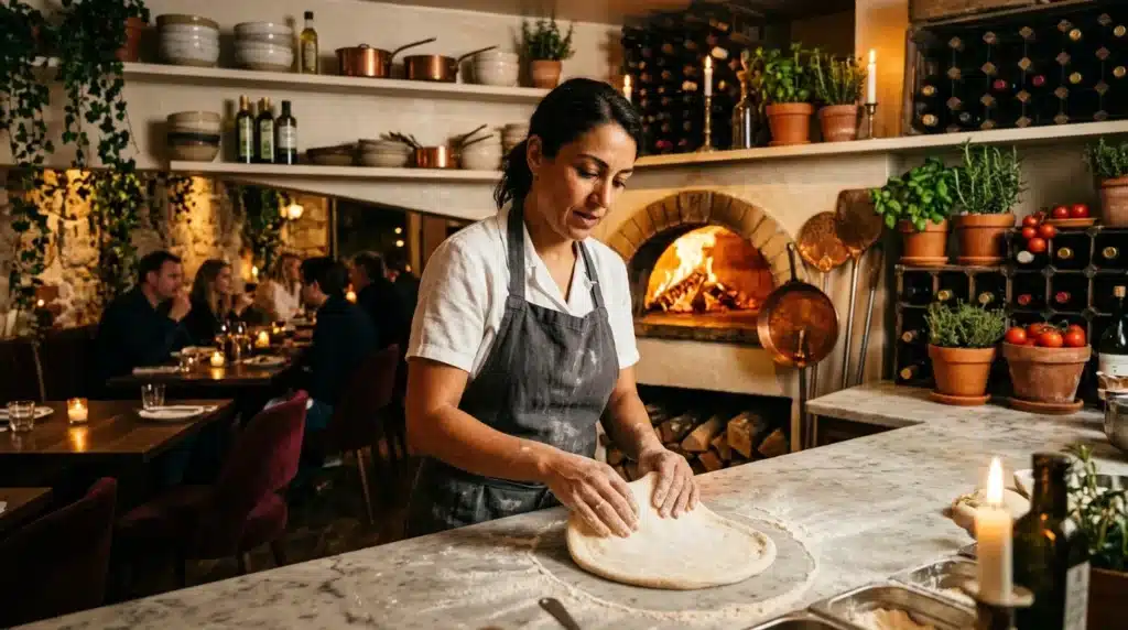 Chef prépare la pâte près du four à bois, restaurant chaleureux