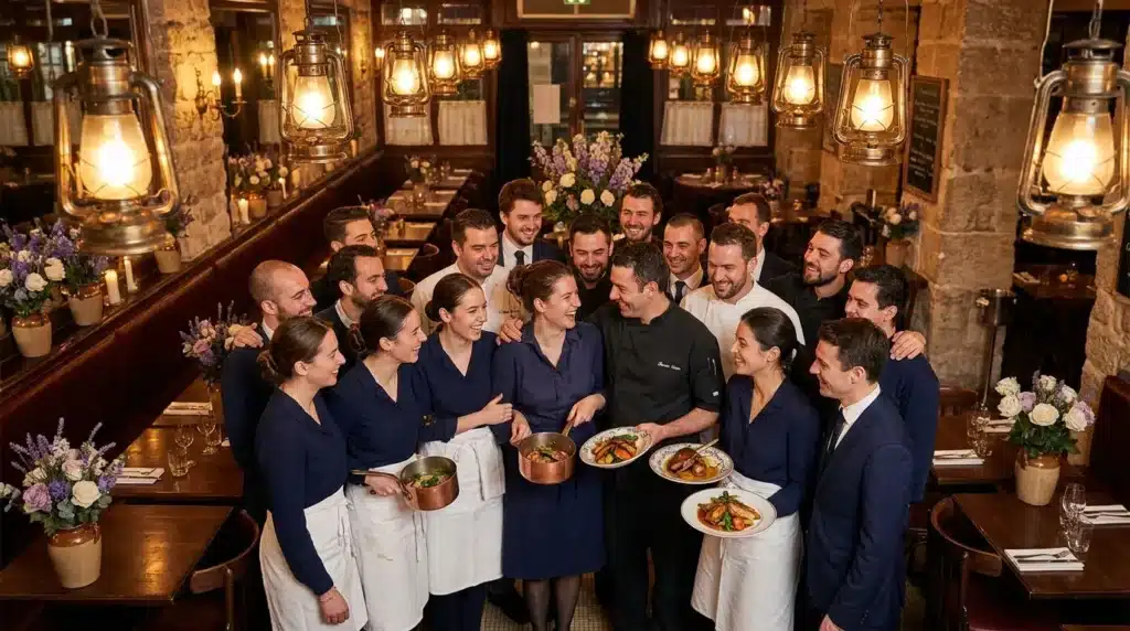 Équipe de restaurant joyeuse posant avec plats cuisinés