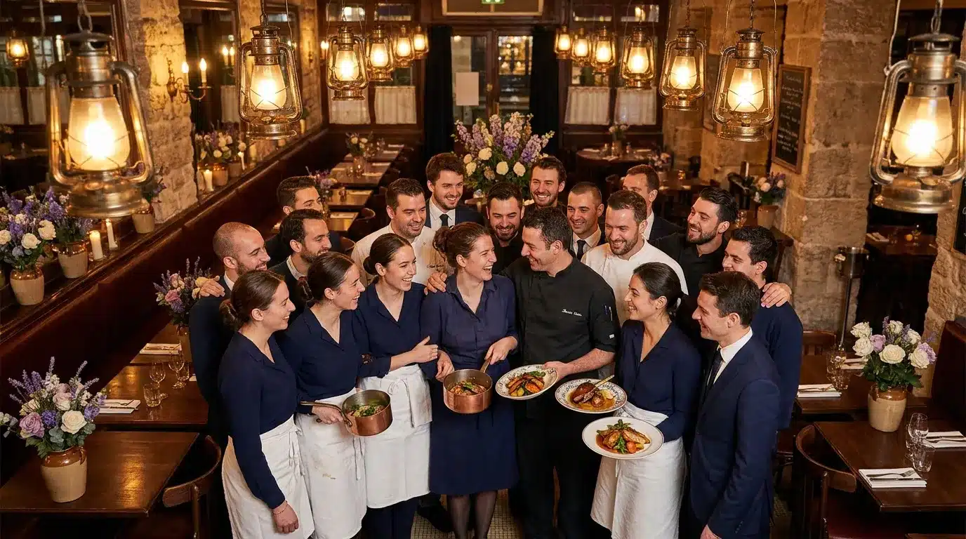 Équipe de restaurant joyeuse posant avec plats cuisinés