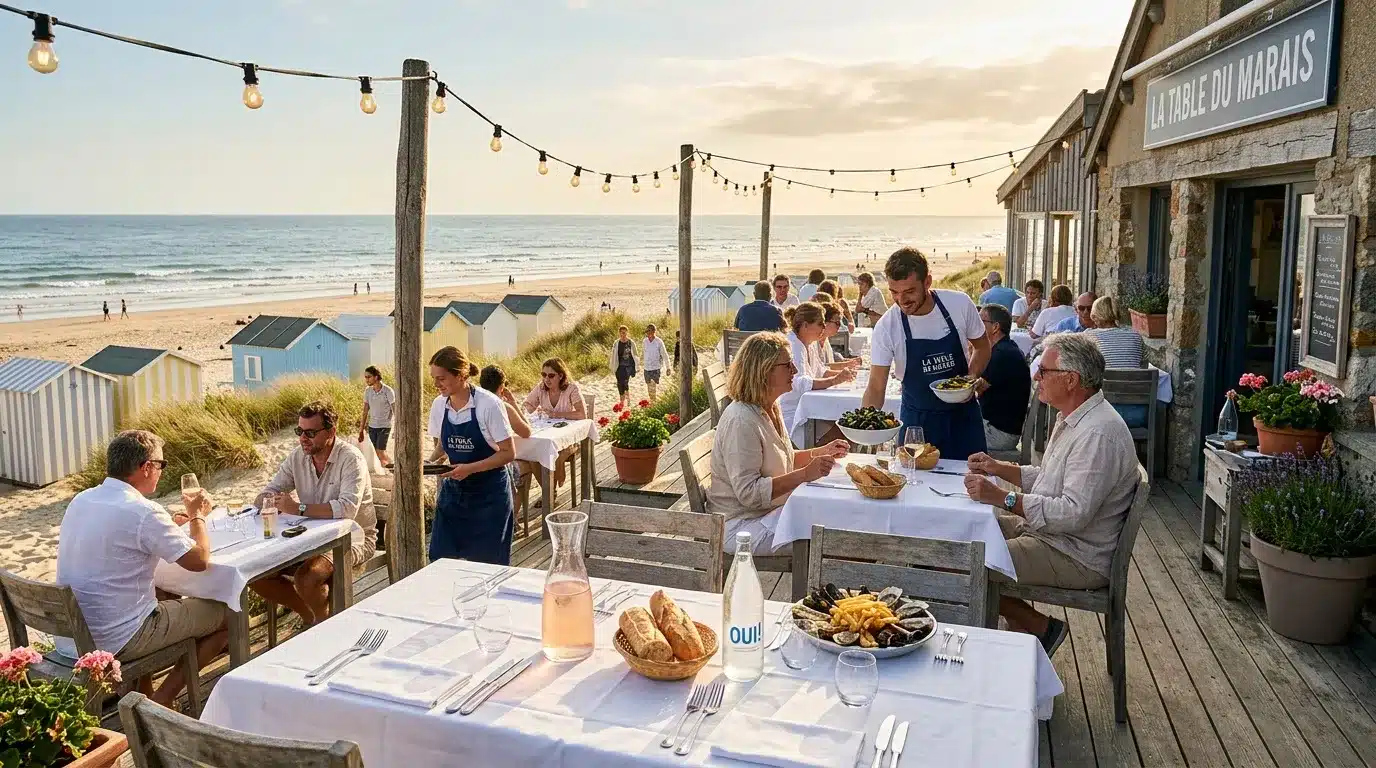 Terrasse de restaurant avec vue sur la plage et mer